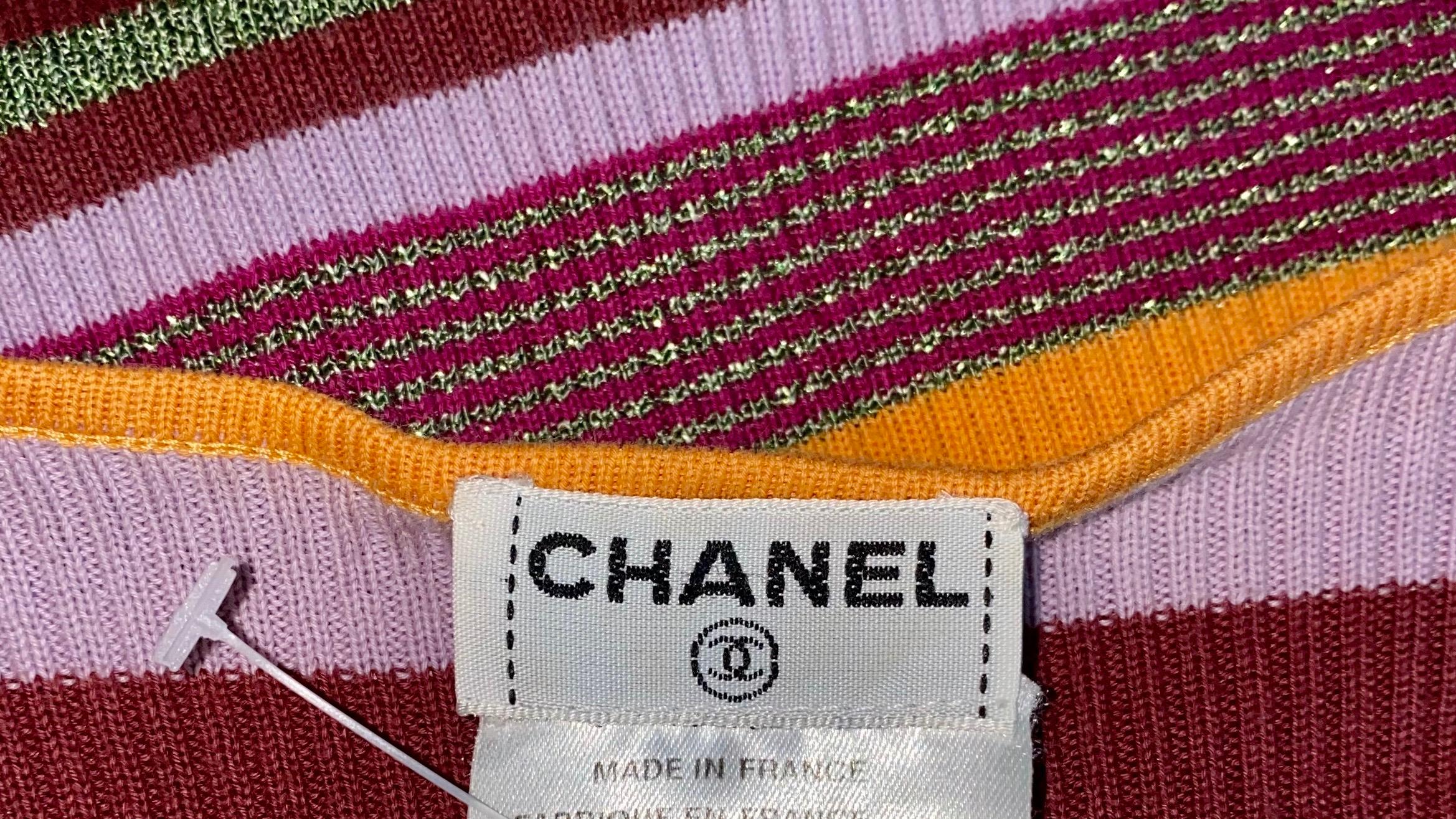 Women's CHANEL Striped Cache-Coeur Pullover Top with Camellia Flower Detail 40