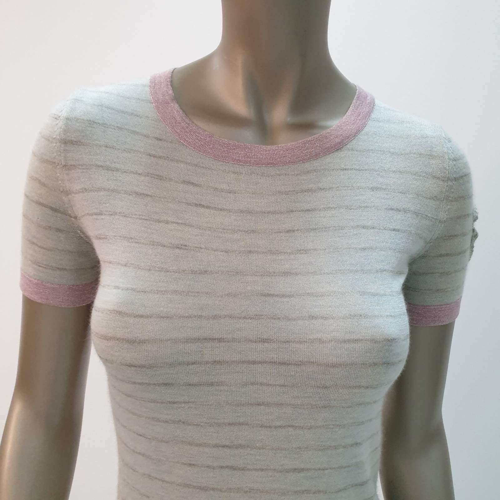 Comfortable and casual style with this dress from the Chanel. 
It is created using pale-blue striped cashmere knit fabric, which is embellished with contrasting pink trims and logo embroidery.
 It has short sleeves and a relaxed fit.
Sz. 34
Good