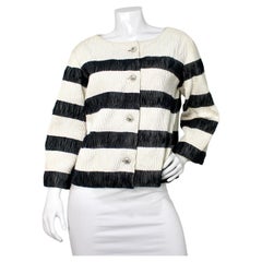 Chanel Striped Lambskin Pleated Leather & Silk Coco Mark Button-Up Jacket