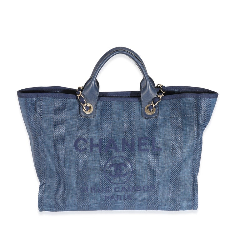 CHANEL Large Denim CC Shopping Tote logo stripes dark blue brown strap bag  For Sale at 1stDibs