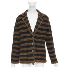 CHANEL striped textured knit brown navy wool cotton jacket FR36 S