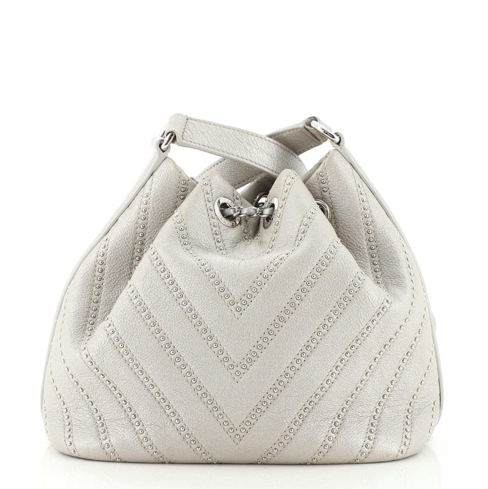 Gray Chanel Stud Wars Drawstring Bucket Bag Embellished Chevron Lambskin Mini