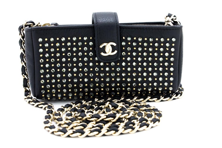 CHANEL Studs Rhinestone Mini Chain Shoulder Bag Black Crossbody Leather