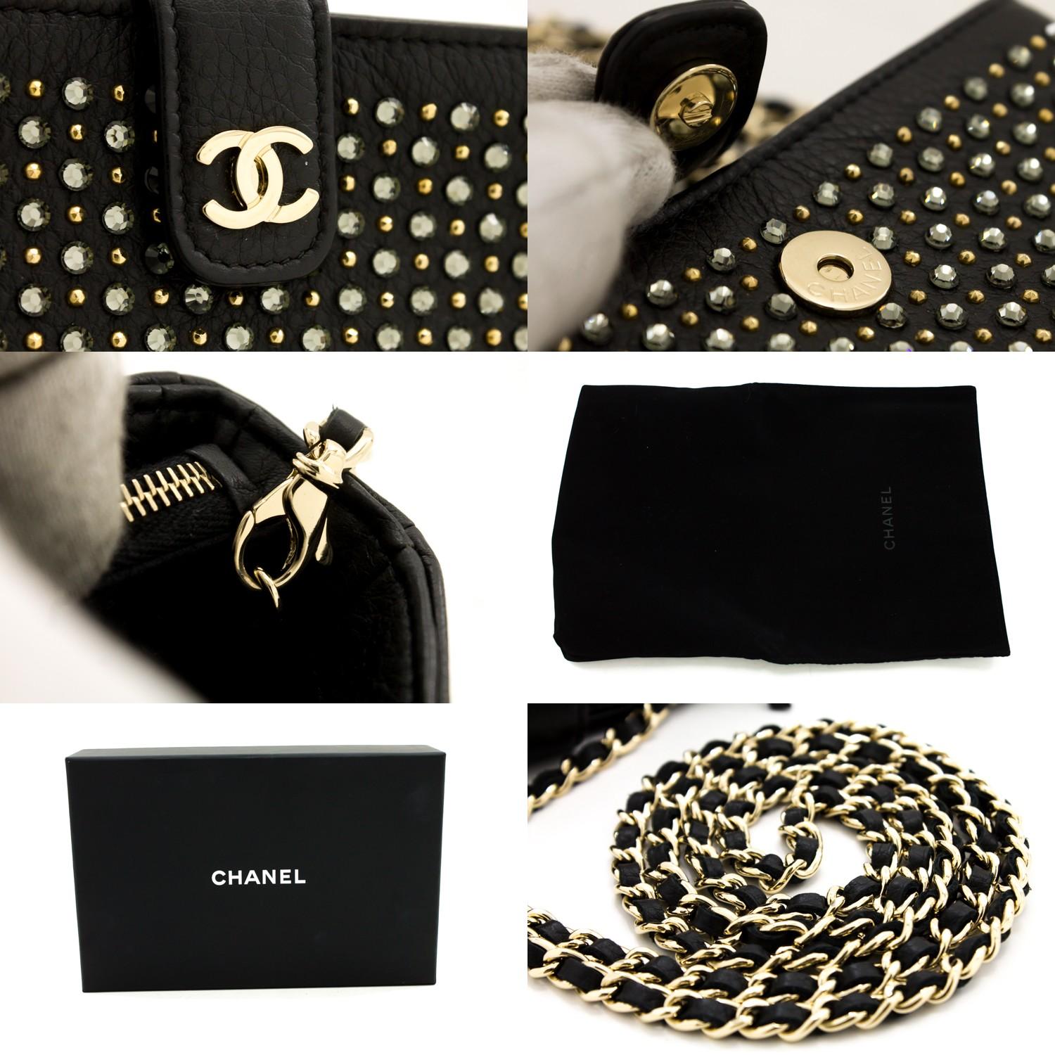 CHANEL Studs Rhinestone Mini Chain Shoulder Bag Black Crossbody Leather