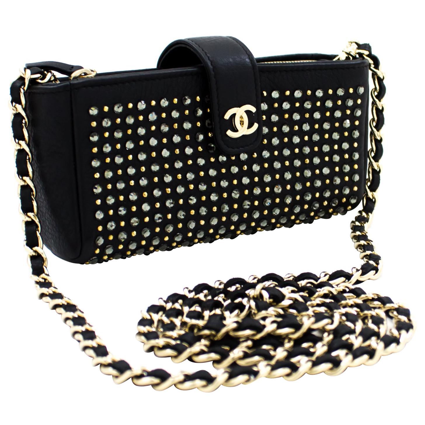 CHANEL Studs Rhinestone Mini Chain Shoulder Bag Black Crossbody Leather