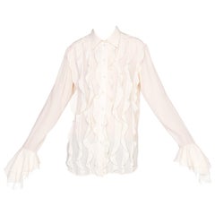1990'S CHANEL Style Ivory Silk Crepe De Chine Ruffled Blouse