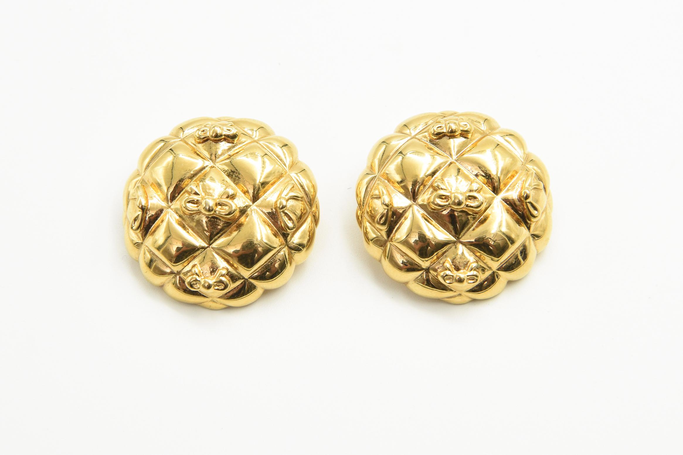 Women's or Men's Chanel Style Quilted with Bows Gold Tone Button Clip On Earrings