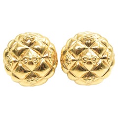 Chanel Style Quilted with Bows Gold Tone Button Clip On Earrings
