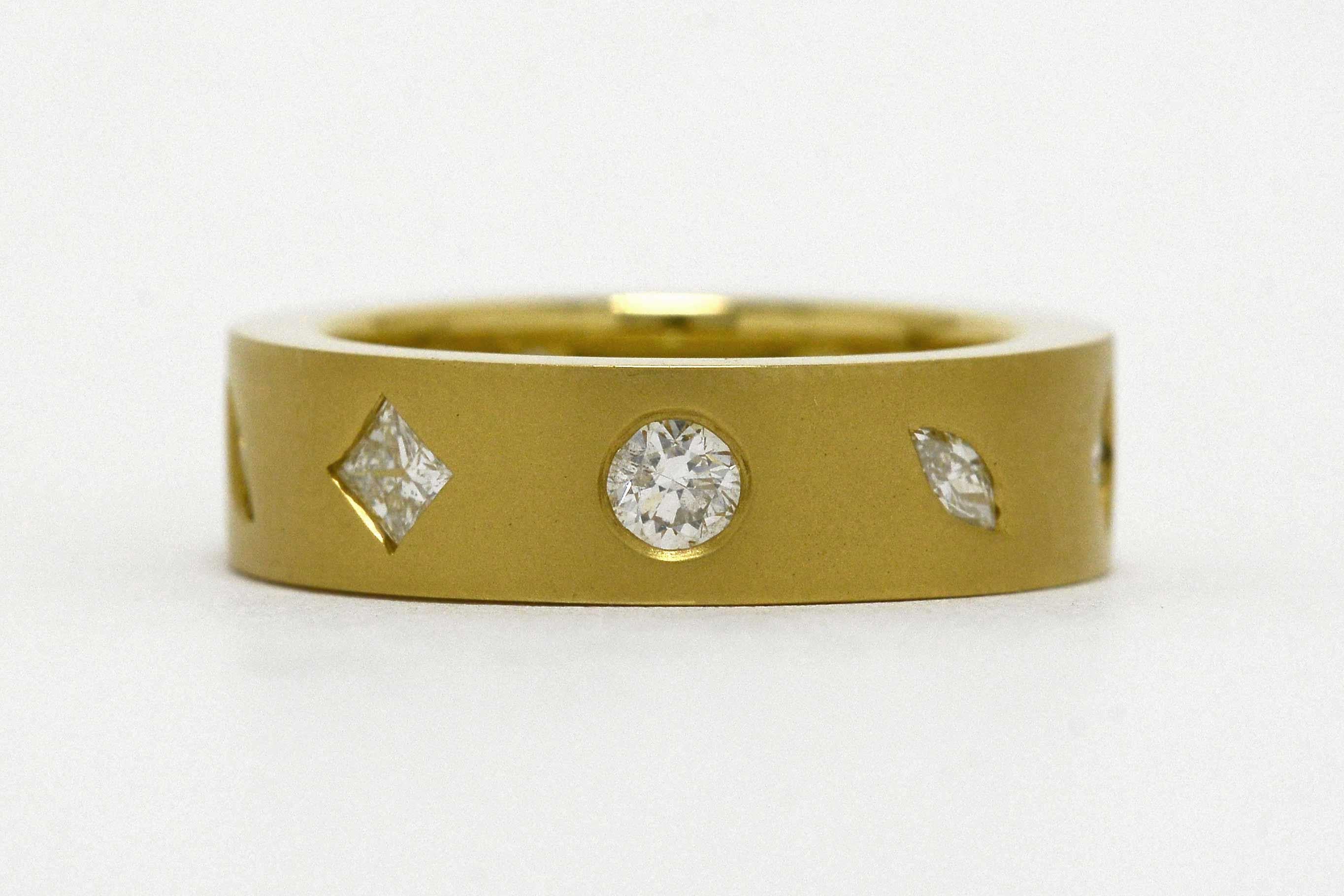 Modernist 18K Gold Multi Shape Diamond Wedding Band For Sale