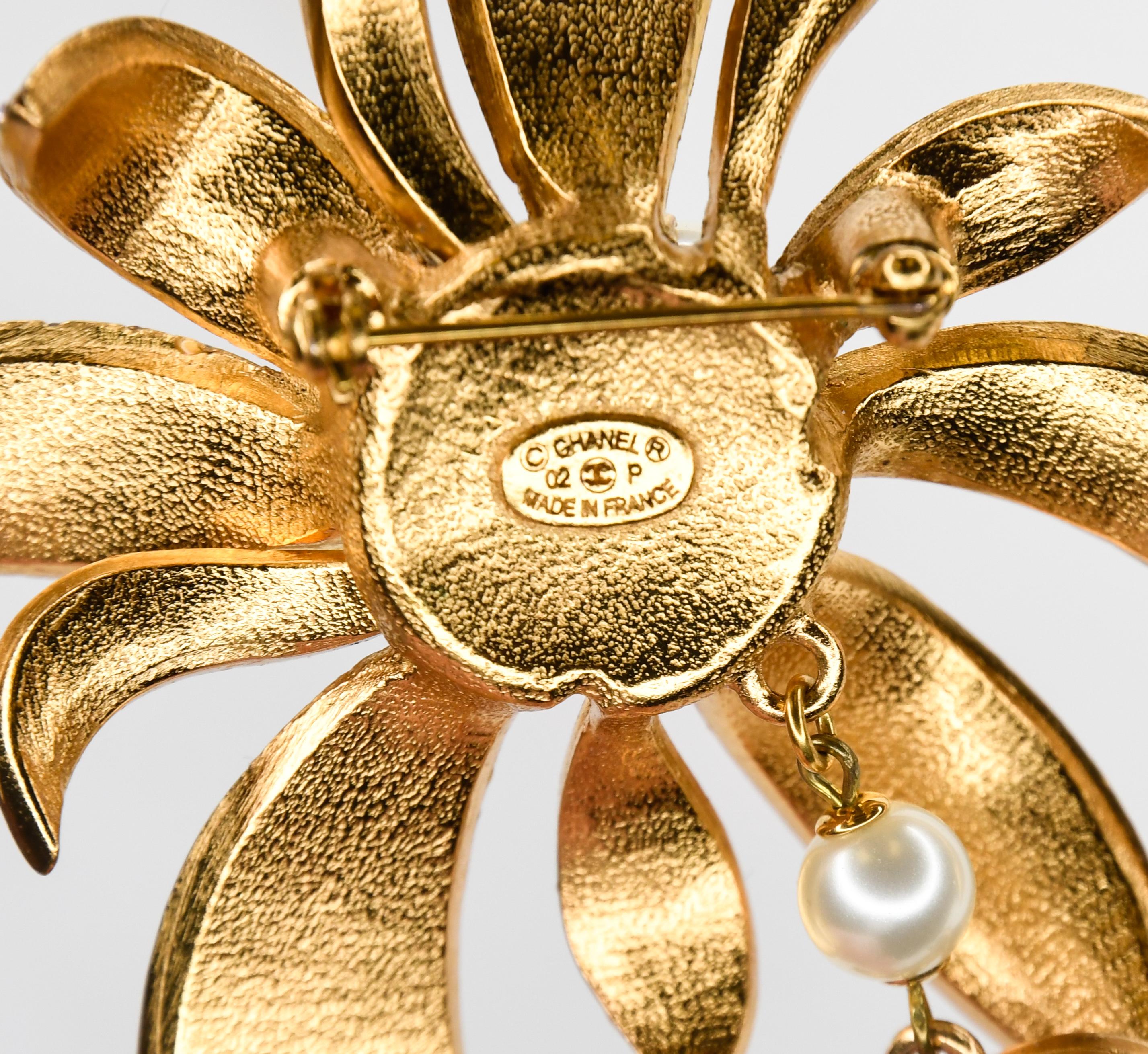 Chanel Stylized Gold Tone Flower Brooch, CC Logo, Pearls and Gripoix Stones 2002 1