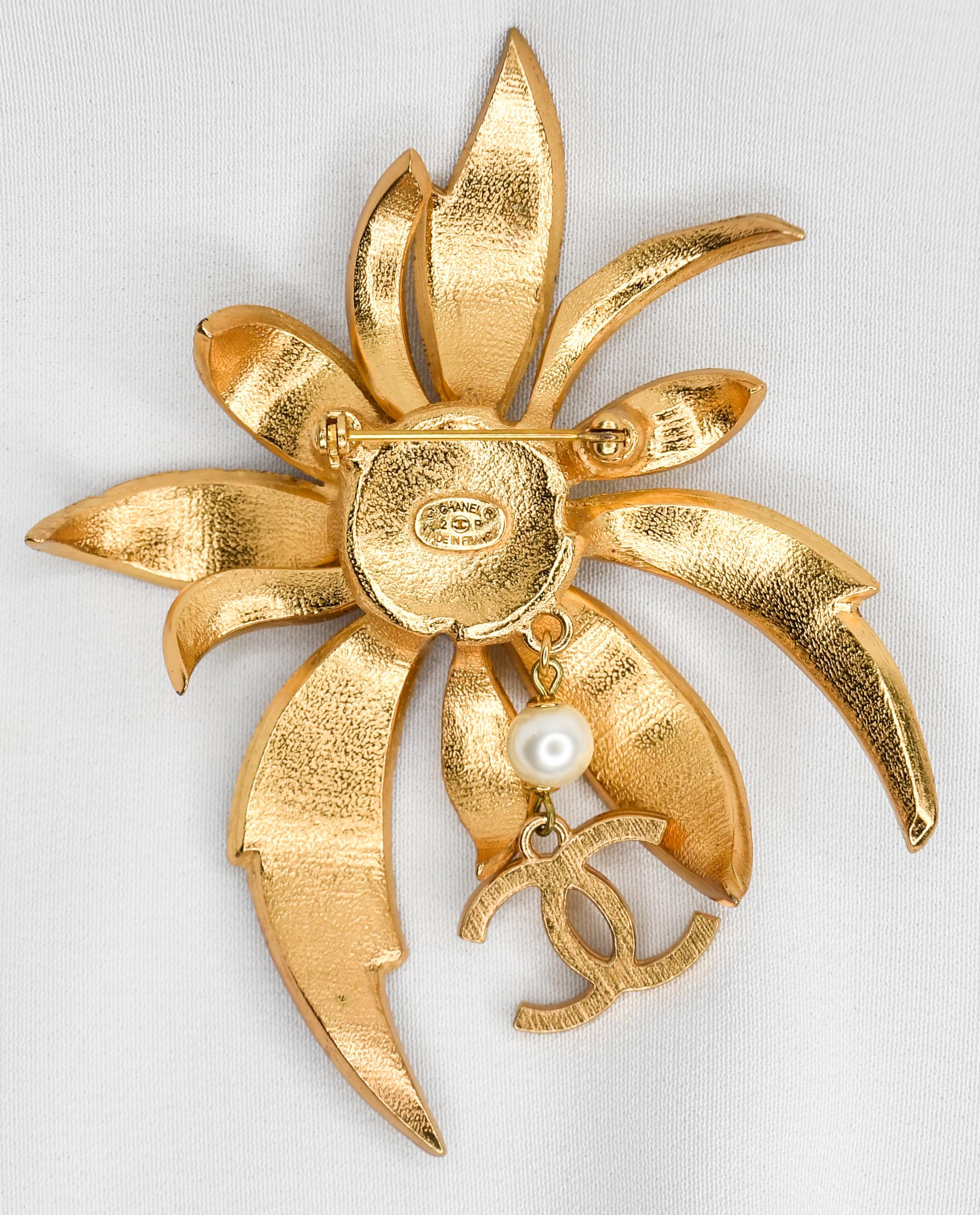 Chanel Stylized Gold Tone Flower Brooch, CC Logo, Pearls and Gripoix Stones 2002 2