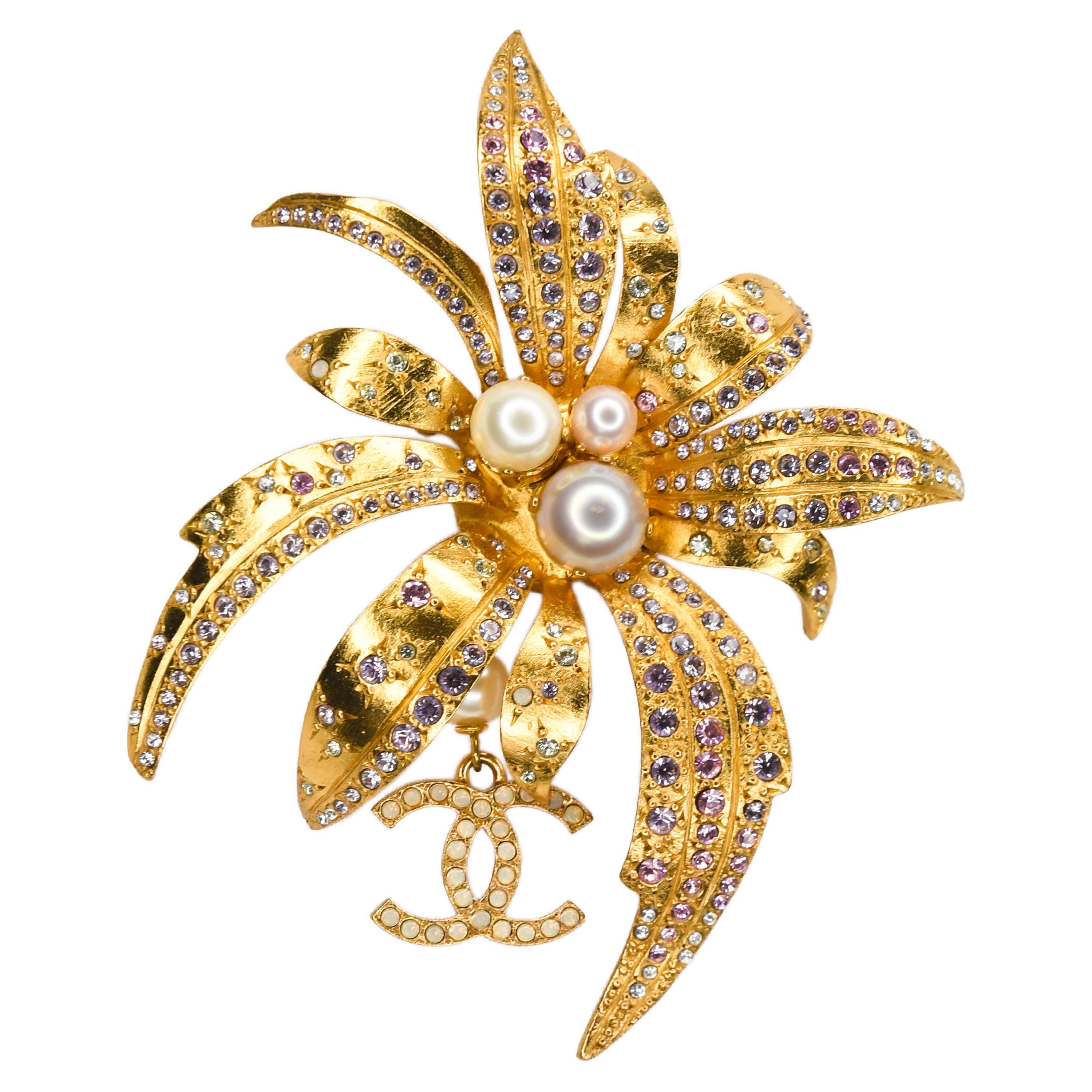 Chanel Stylized Gold Tone Flower Brooch, CC Logo, Pearls and Gripoix Stones 2002