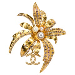 Chanel Stylized Gold Tone Flower Brooch, CC Logo, Pearls and Gripoix Stones 2002