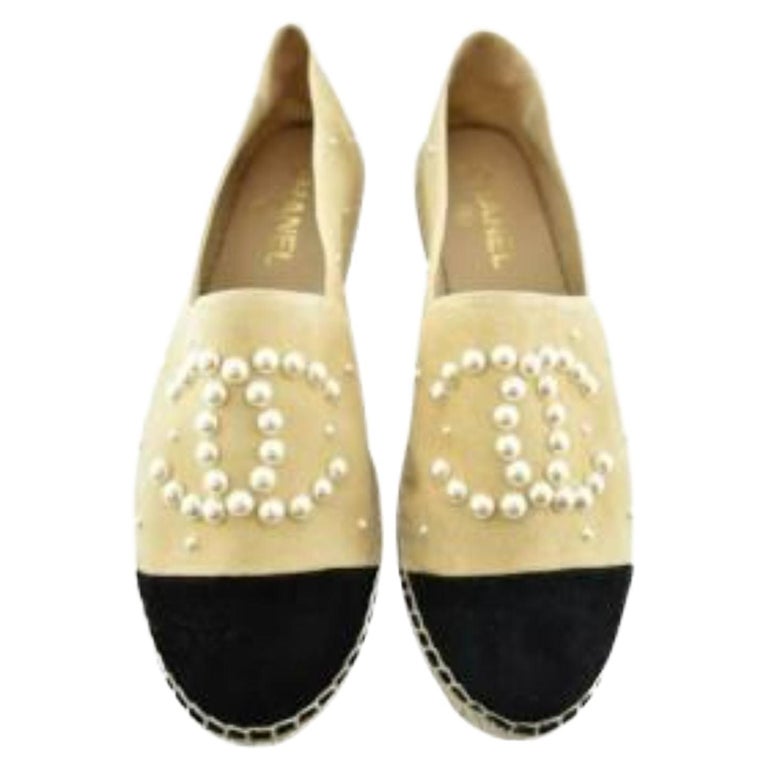 Chanel Suede Beige Faux Pearl Studded Espadrilles For Sale at 1stDibs