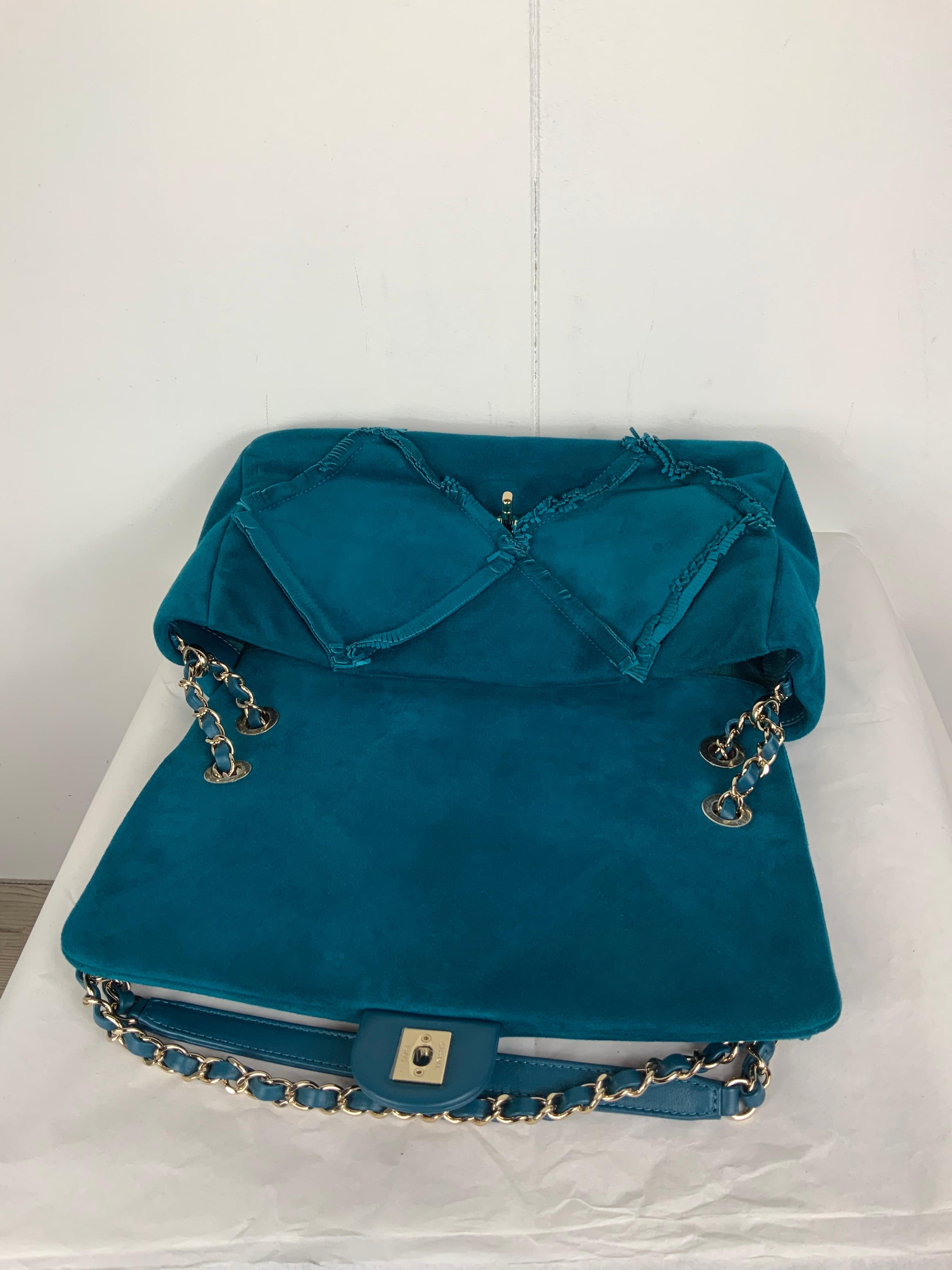 Chanel suede goat skin and gold tone metal dark blue flap bag 3