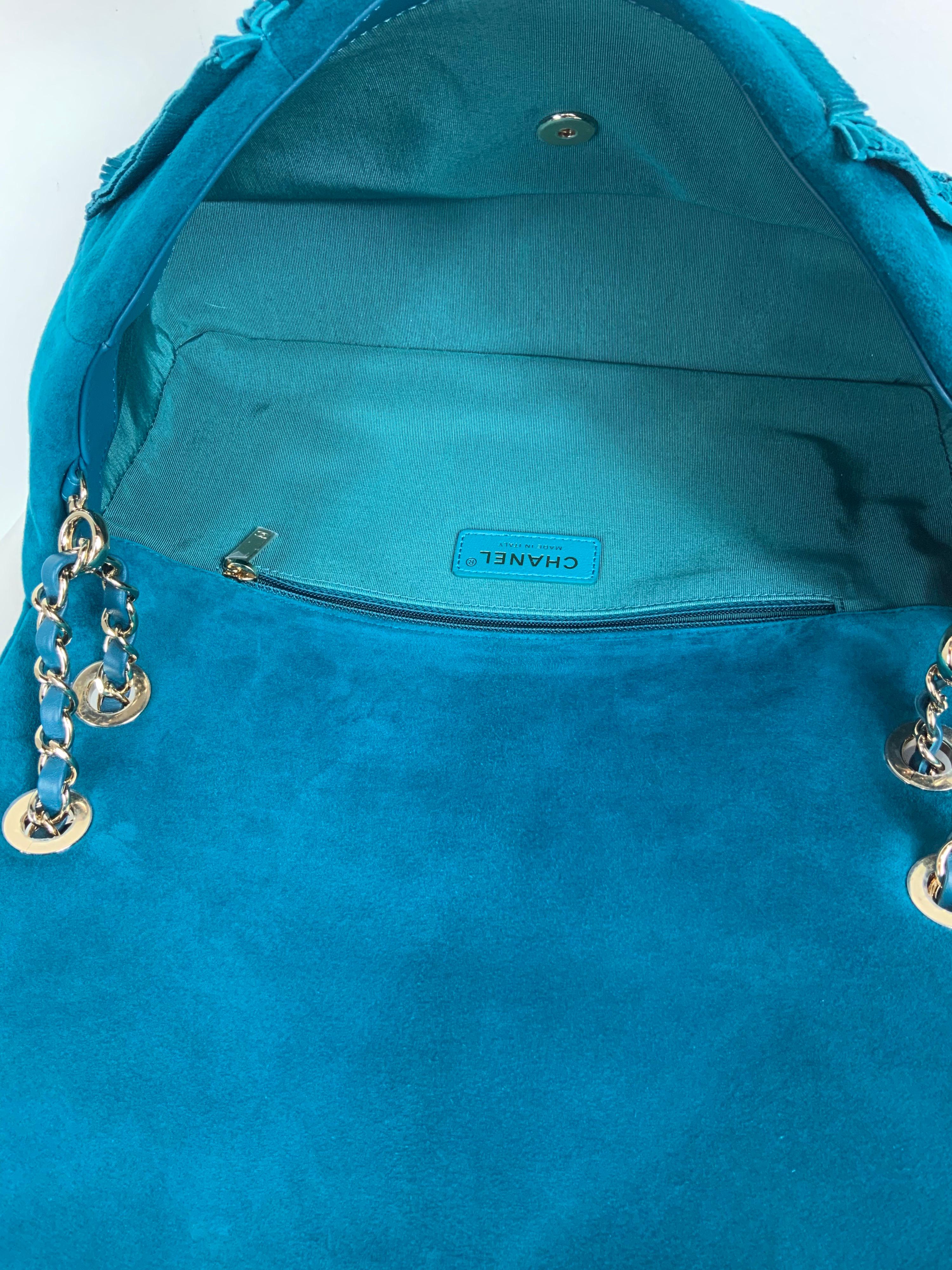 Chanel suede goat skin and gold tone metal dark blue flap bag 4