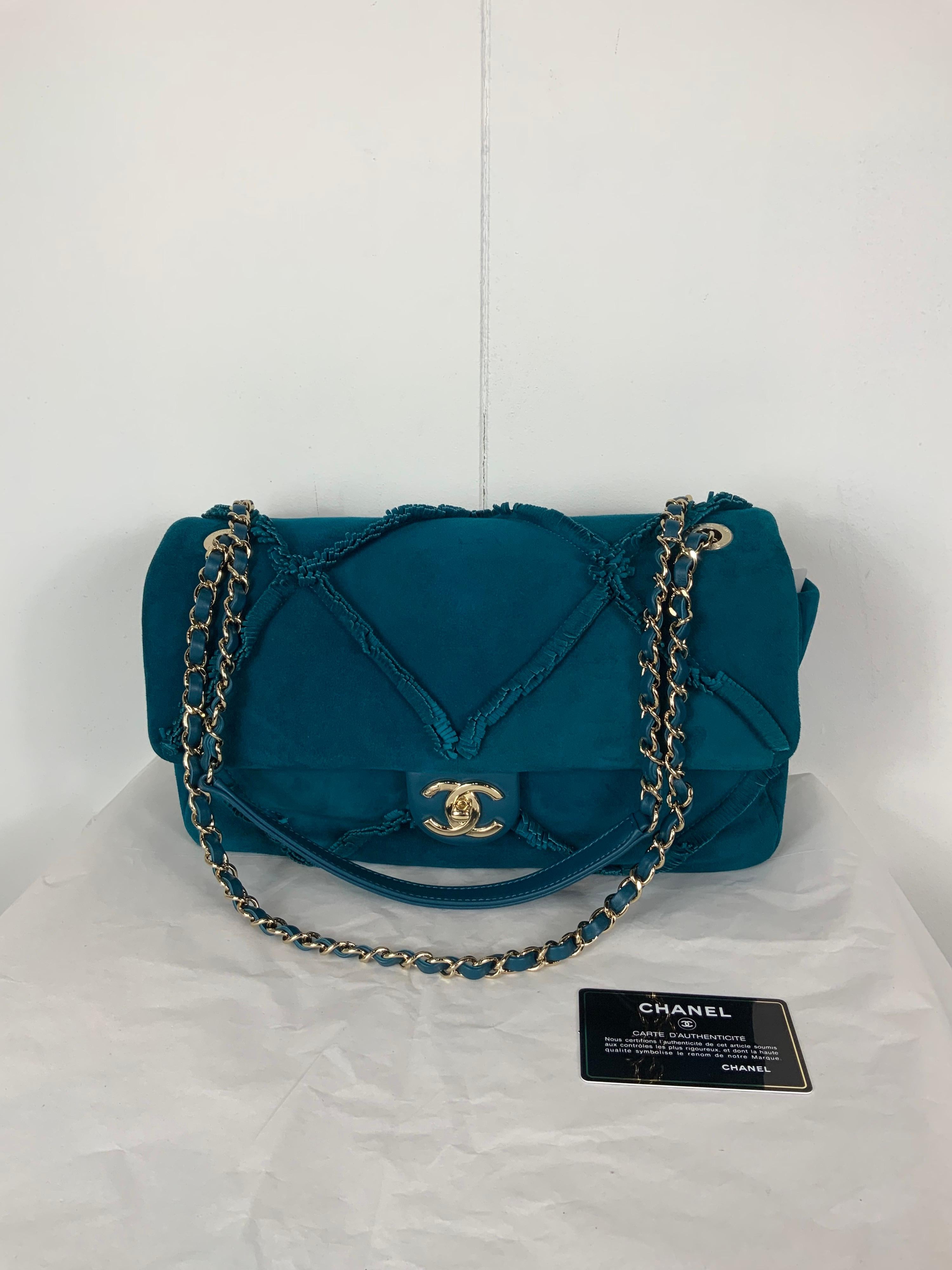 Chanel suede goat skin and gold tone metal dark blue flap bag 6