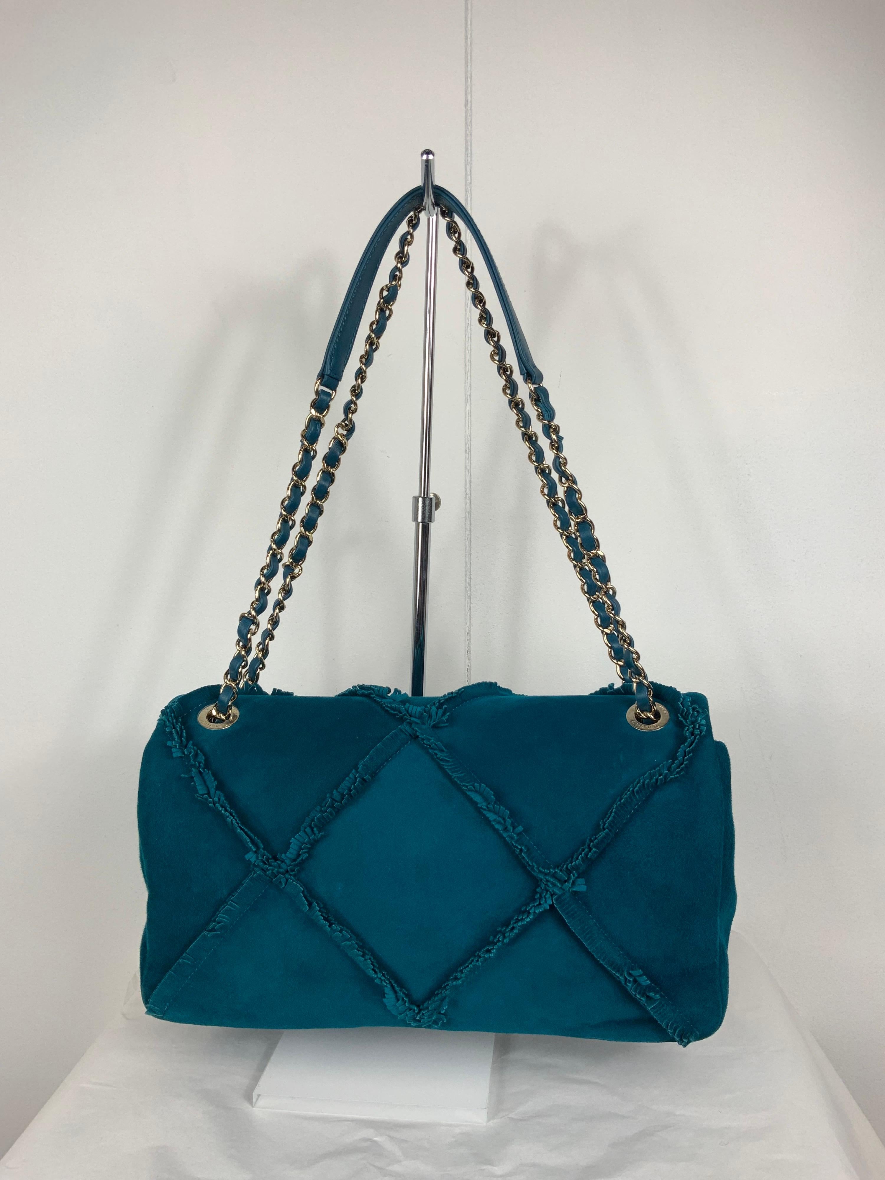 Blue Chanel suede goat skin and gold tone metal dark blue flap bag