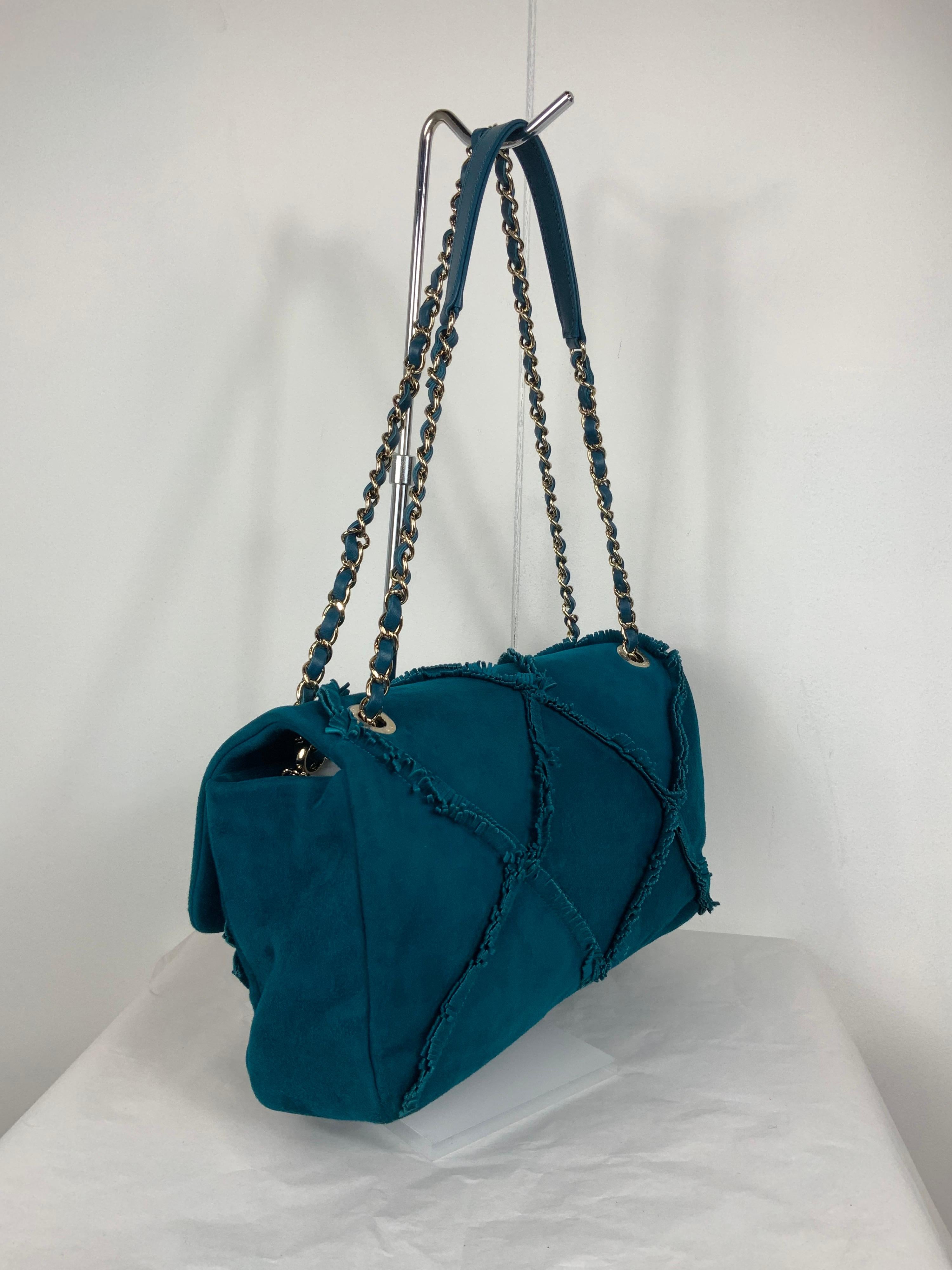 Women's or Men's Chanel suede goat skin and gold tone metal dark blue flap bag