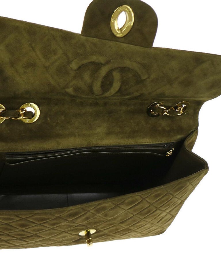 Chanel Suede Olive Green Leather Large Gold Evening Shoulder Flap Bag