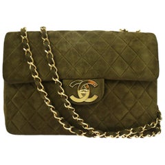 Retro Chanel Suede Olive Green Leather Large Gold Evening Shoulder Flap Bag