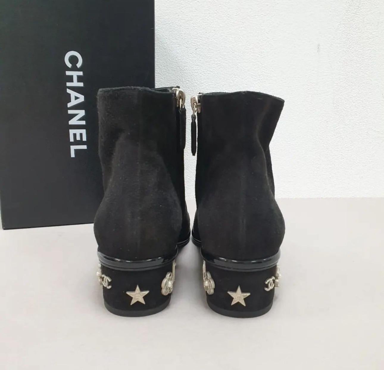 Black Chanel  Suede Patent Calfskin Charm Cap Toe Short Boots