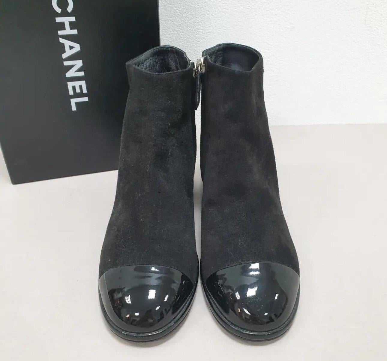 Chanel  Suede Patent Calfskin Charm Cap Toe Short Boots  For Sale 1