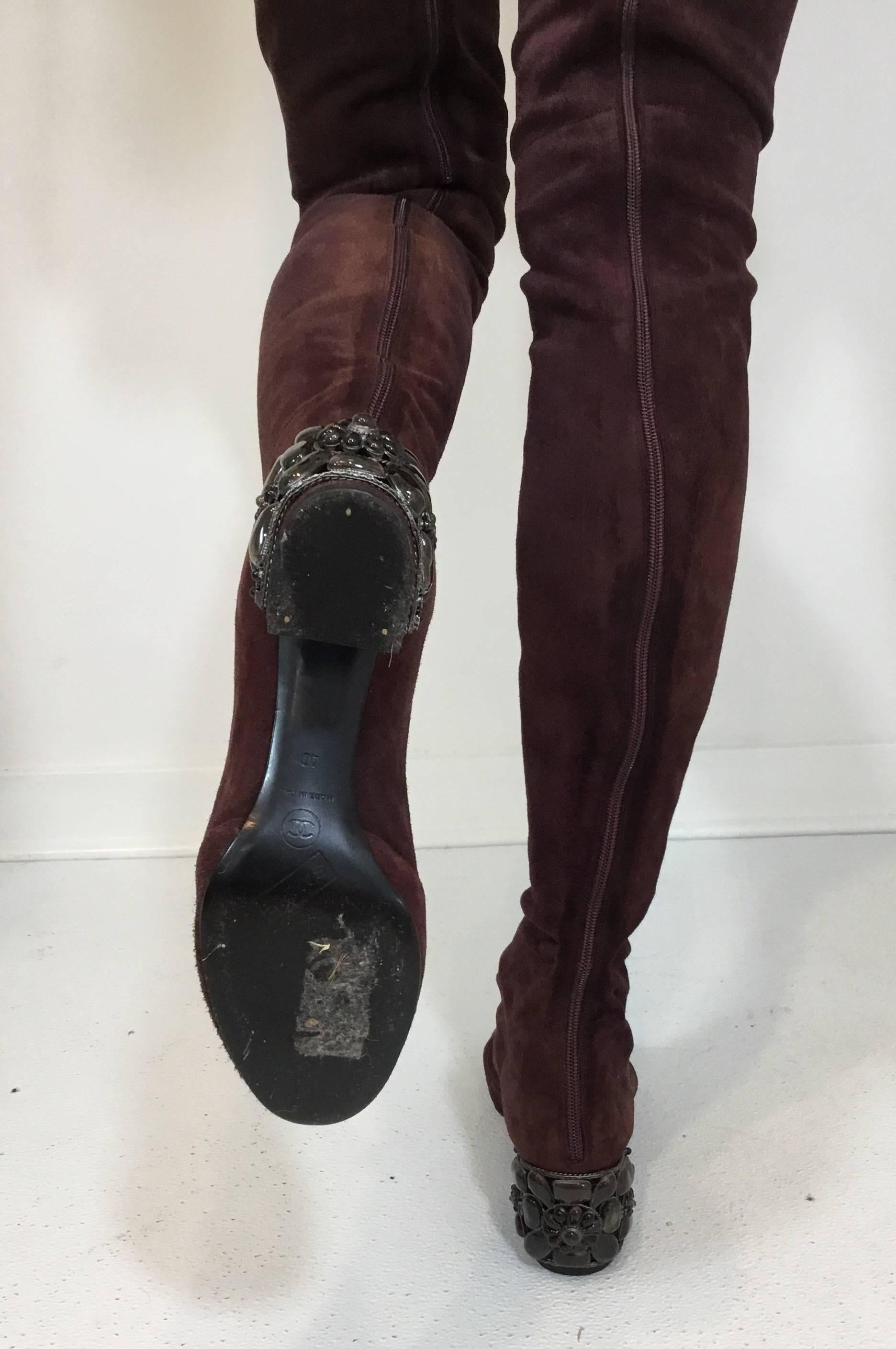 Chanel Suede Thigh High Boots with Gripoix Detail In Excellent Condition In Carmel, CA