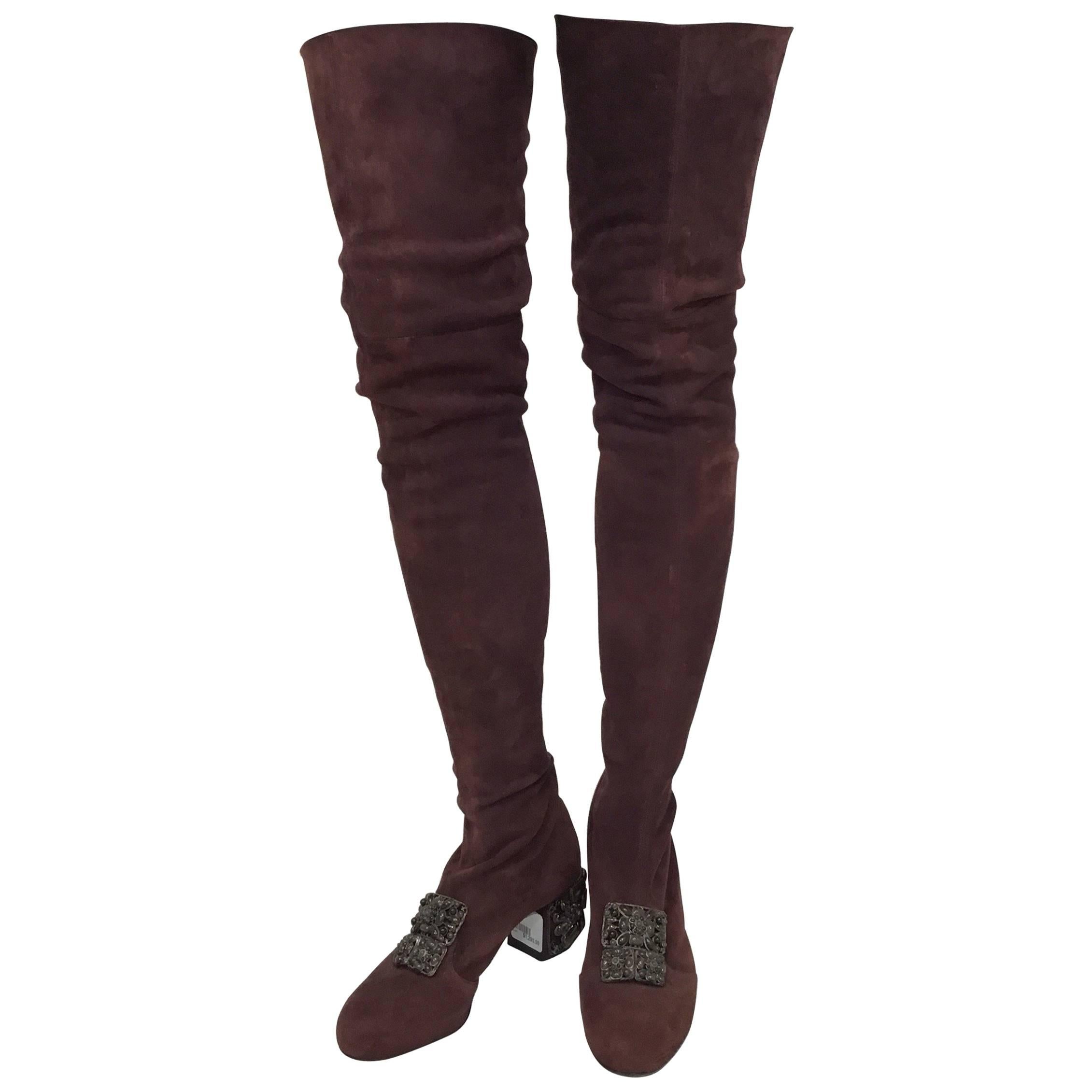 Chanel Suede Thigh High Boots with Gripoix Detail