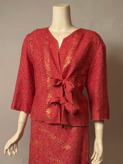 Chanel Suit Coral Boucle with Vertical and Diagonal Gold Metallic Bands