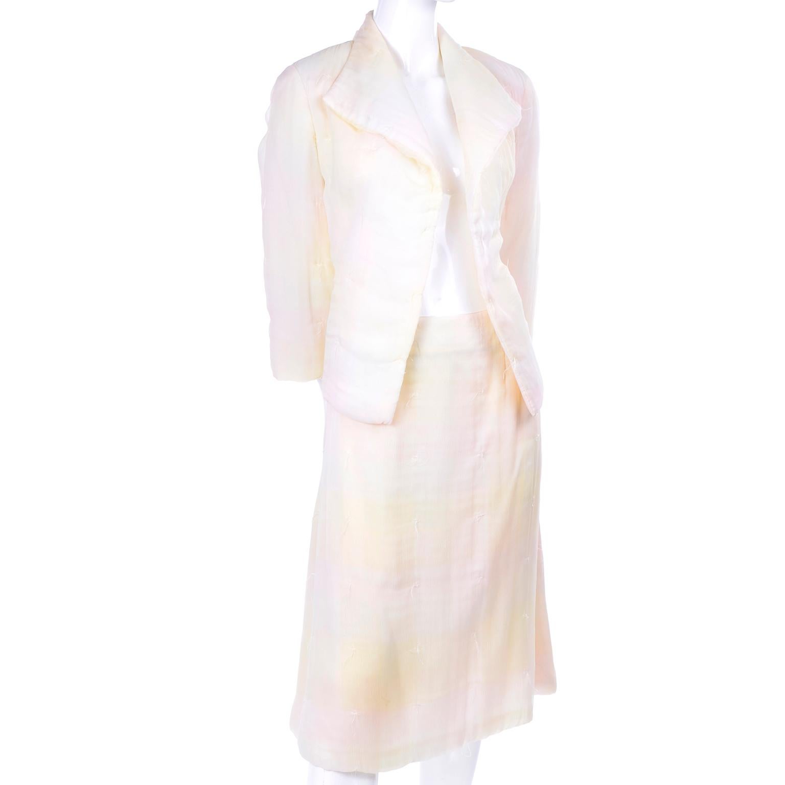 Gray Chanel Suit With Skirt & Open Jacket in Ivory Pink & Yellow Pastel Ombre Silk