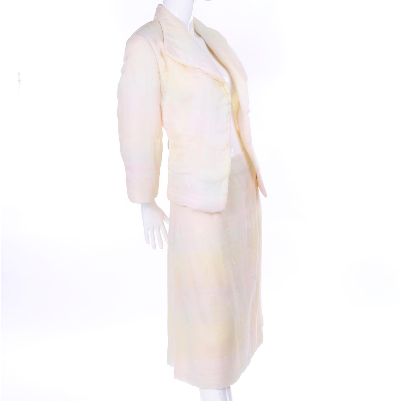 Chanel Suit With Skirt & Open Jacket in Ivory Pink & Yellow Pastel Ombre Silk In Excellent Condition In Portland, OR