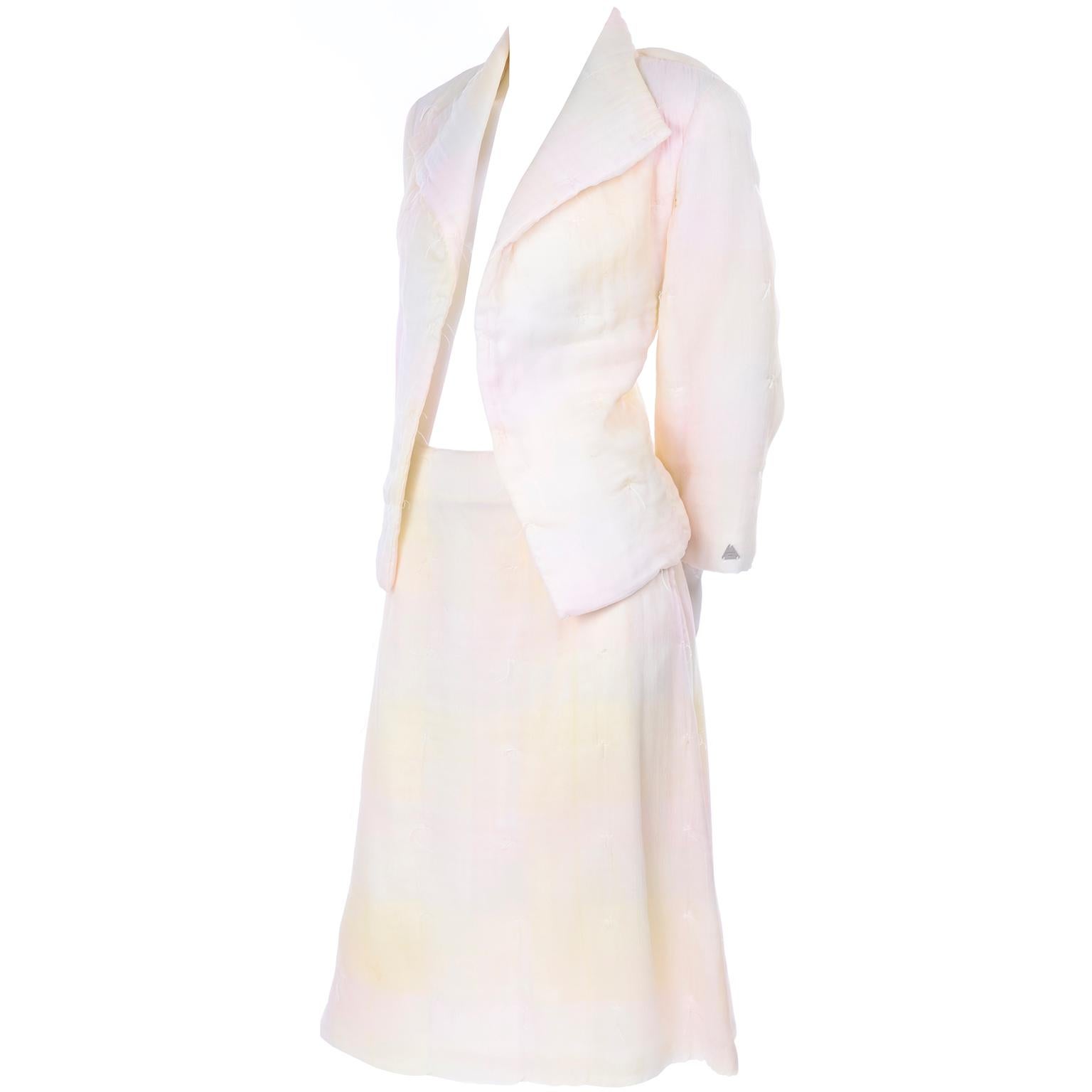 Women's Chanel Suit With Skirt & Open Jacket in Ivory Pink & Yellow Pastel Ombre Silk