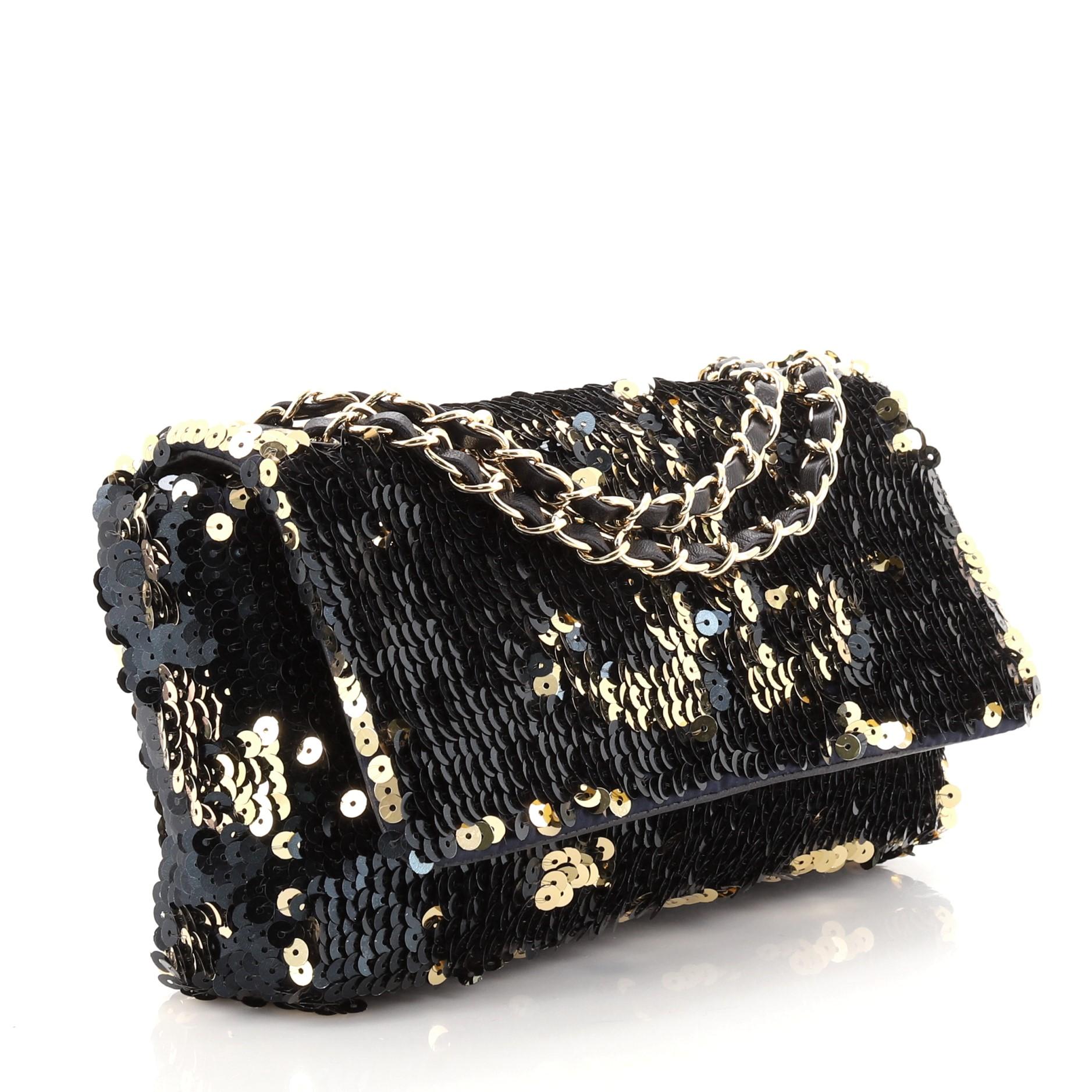 Black Chanel Summer Night Flap Bag Sequins with Leather Medium