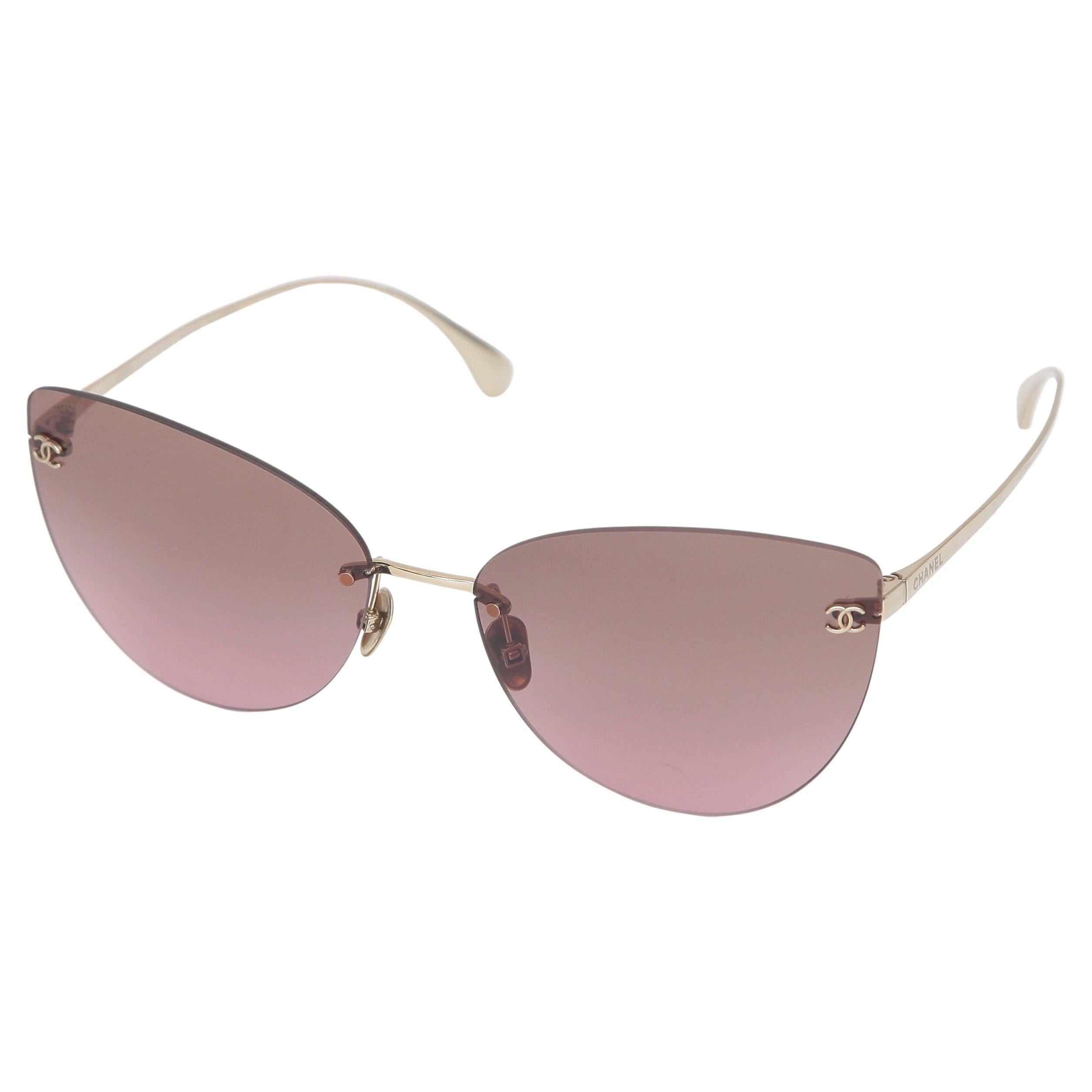 CHANEL Sunglasses Cat Eye Brown Gradient Lens Rimless Gold Metal