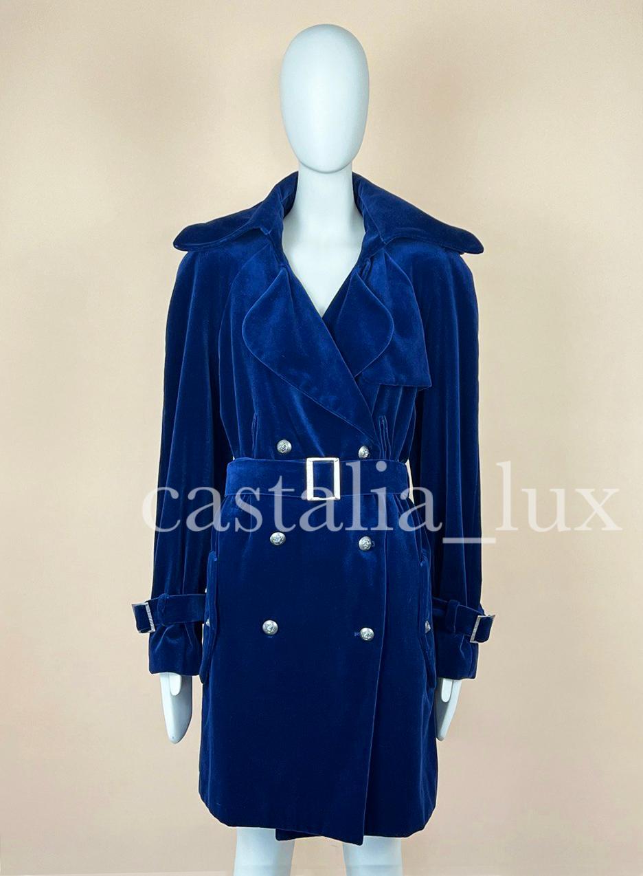 Chanel Super Rare Belted Velvet Trench Coat in Royal Blue In Excellent Condition In Dubai, AE