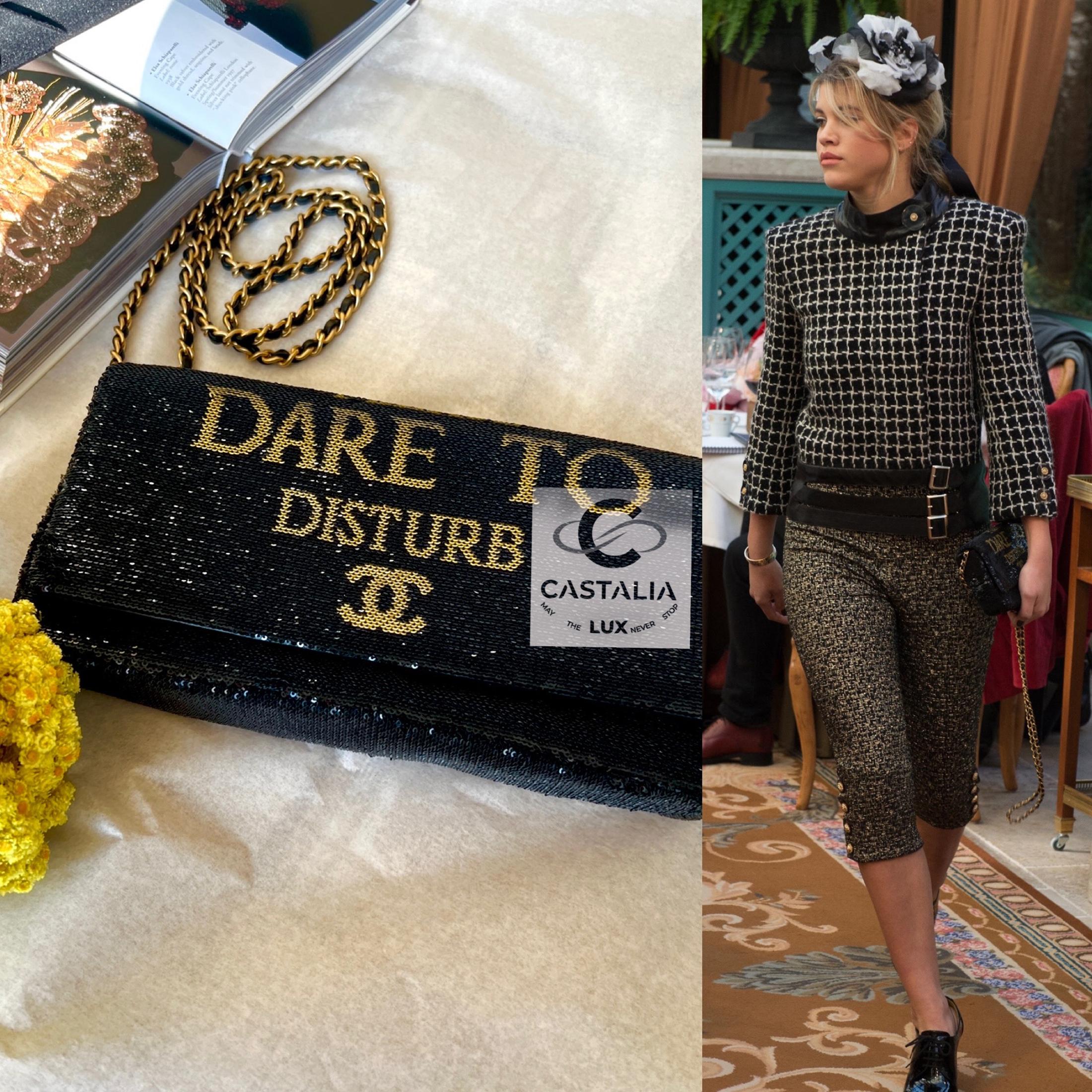 Super rare find ! 
Chanel black sequin Dare To Disturb flap bag from Runway of Paris / Cosmopolite Collection, 2017 Pre-Fall Metiers d'Art, 17a
- more than 6,000 littlest sequin sparkling in sunlight
- black leather and gold-tone brushed metal chain