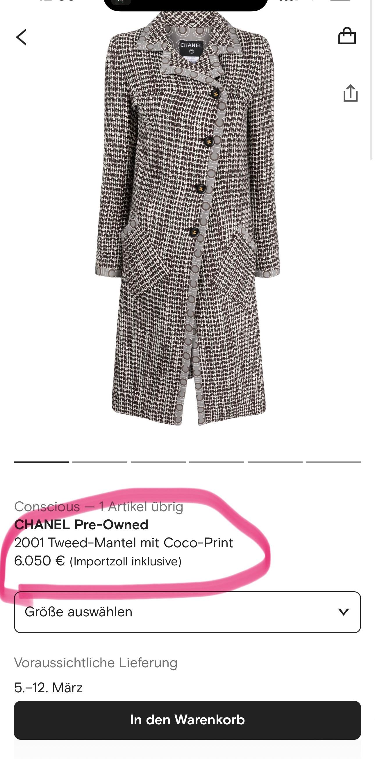 Price on same coat on far-fetch is over 6,000€ (pre-owned)
- Super rare, collectors Chanel tweed coat with COCO Logo trim throughout -- from 2001 Fall Collection by Karl Lagerfeld.
Size mark 36 FR. Pristine condition.