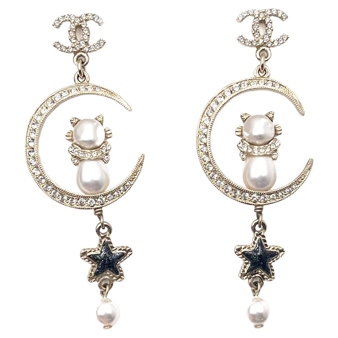 CHANEL Crystal CC Star Moon Dangle Earrings Silver Gold 200468