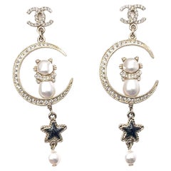 Chanel Super Rare Gold CC Moon Cat Star Dangle Piercing Earrings