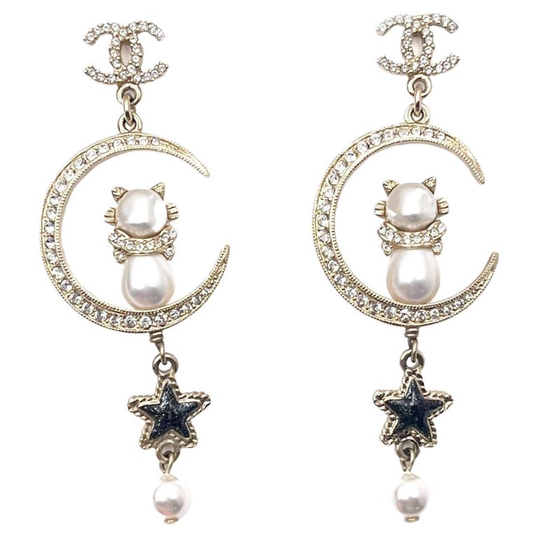Chanel Super Rare Gold CC Moon Cat Star Dangle Piercing Earrings For Sale  at 1stDibs