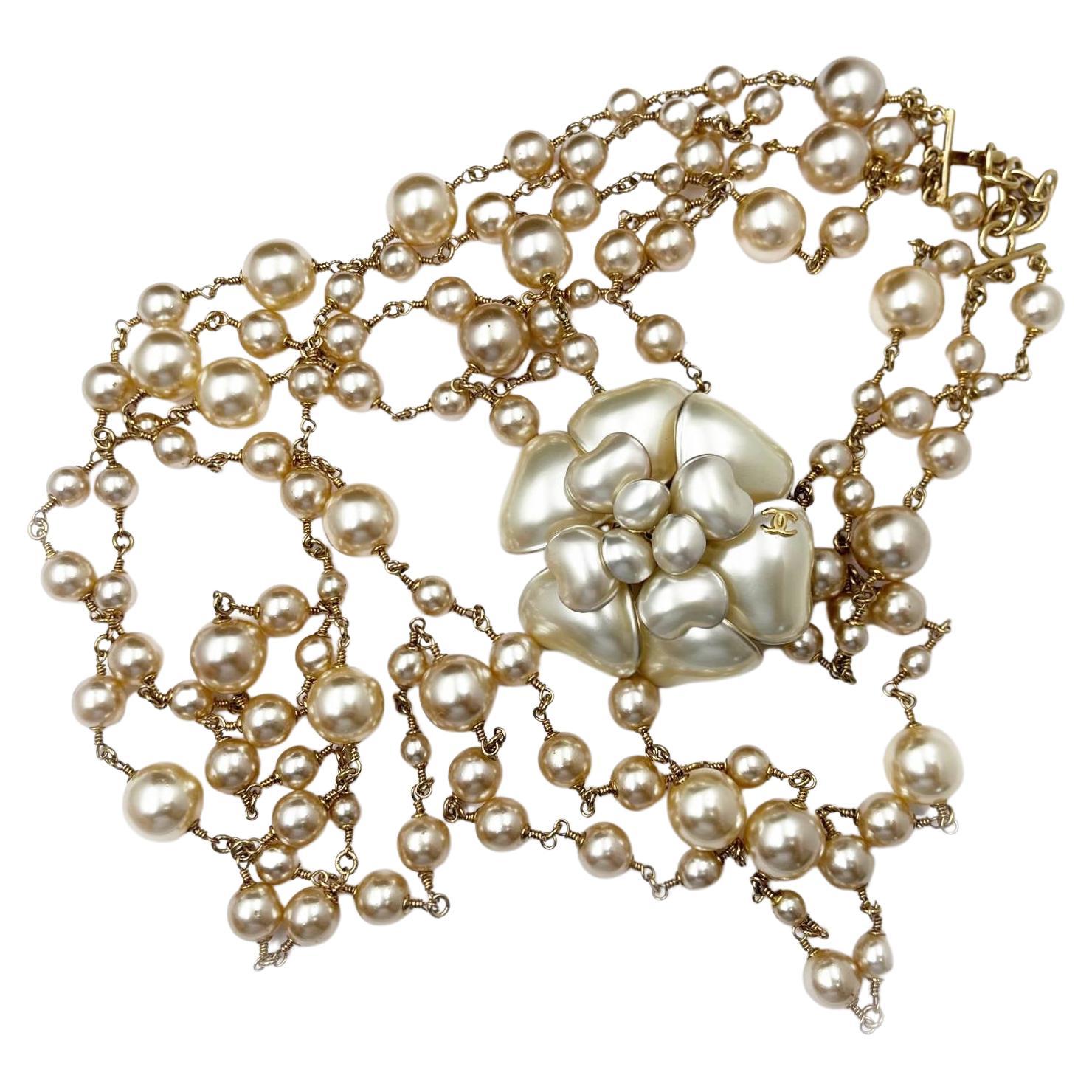 Chanel Super Rare Gold CC Pearl Camellia Long Choker Evening Pearl Necklace