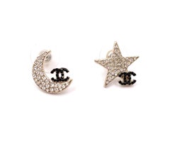 Chanel Super Rare Gold Star Moon Black Crystal CC Small Piercing Earrings