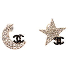 Chanel Super Rare Gold Star Moon Black Crystal CC Small Piercing Earrings