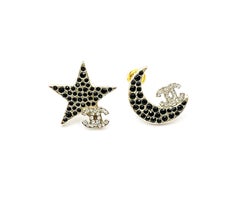 Chanel Super Rare Star Moon Black Crystal CC Small Piercing Earrings