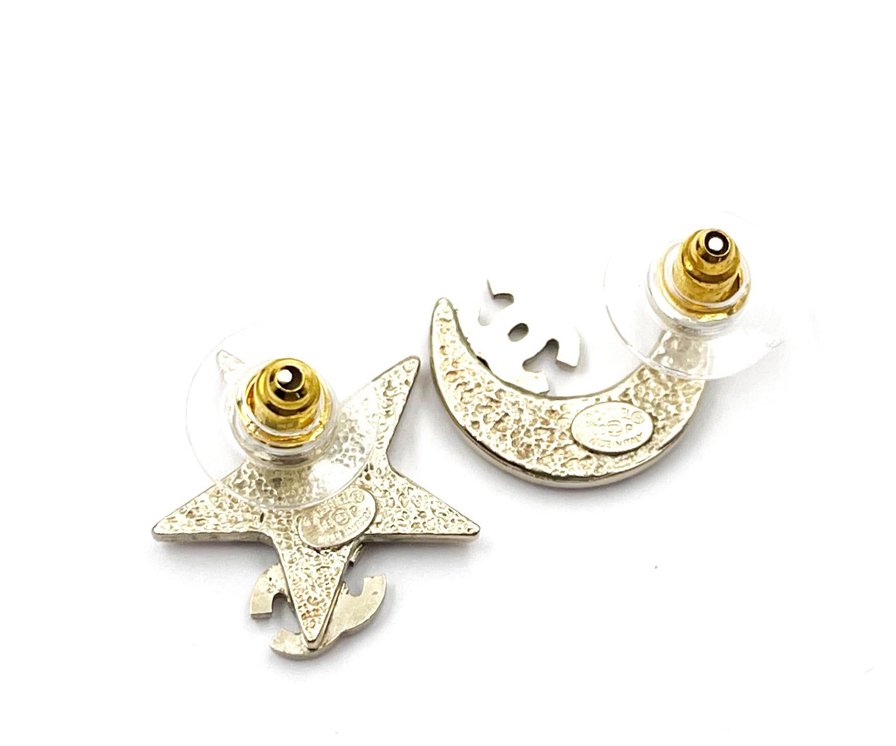 Artisan Chanel Super Rare Star Moon Black Crystal CC Small Piercing Earrings  