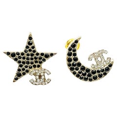Chanel Super Rare Star Moon Black Crystal CC Small Piercing Earrings  