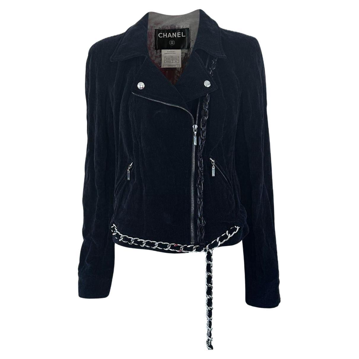 Chanel Super Rare Velvet Biker Jacket with Chain Belt 40 FR For Sale
