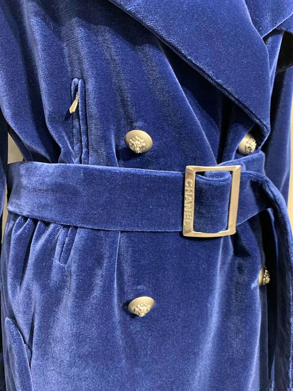 Chanel Super Rare Velvet Trench Coat in Royal Blue In Excellent Condition In Dubai, AE