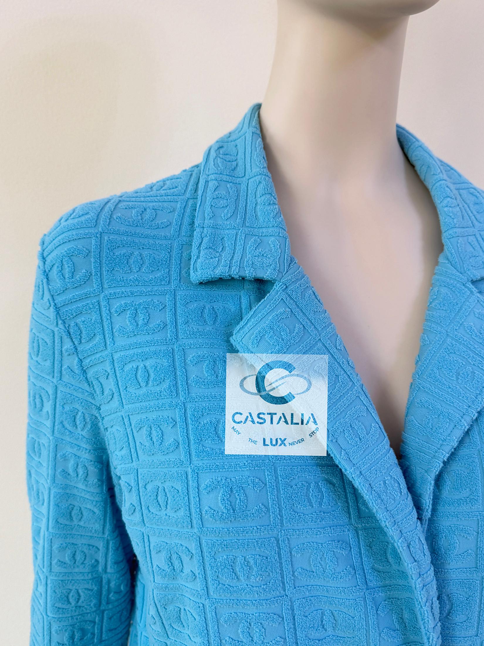 Chanel Super Seltene Vintage CC Logo Türkis-Jacke 40 FR mit Logo im Angebot 5
